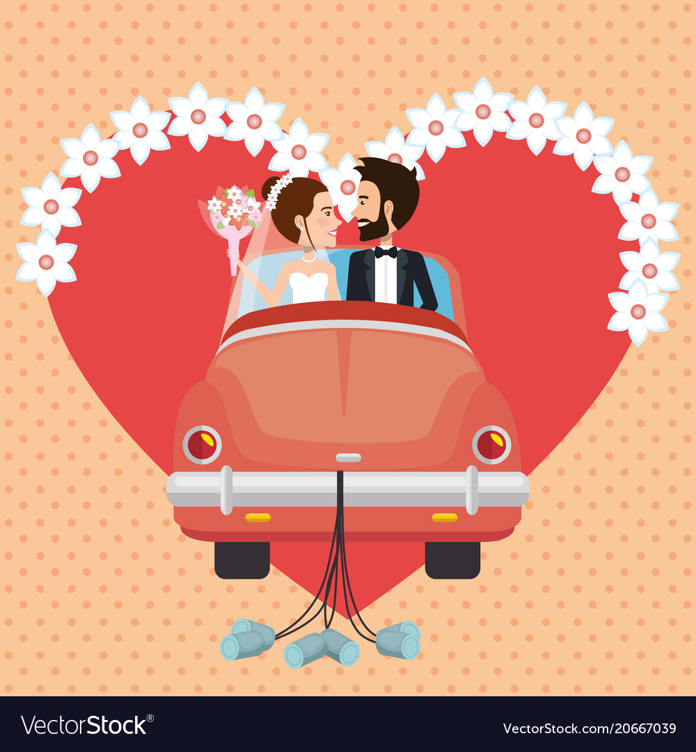 Just married couple with car avatars characters Vector Image