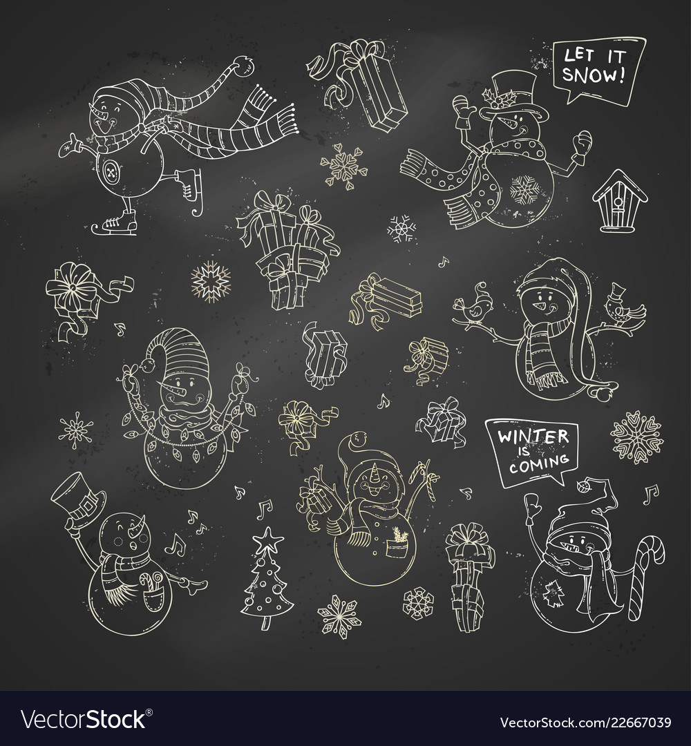 set of cute chalk snowmen on blackboard background black board background