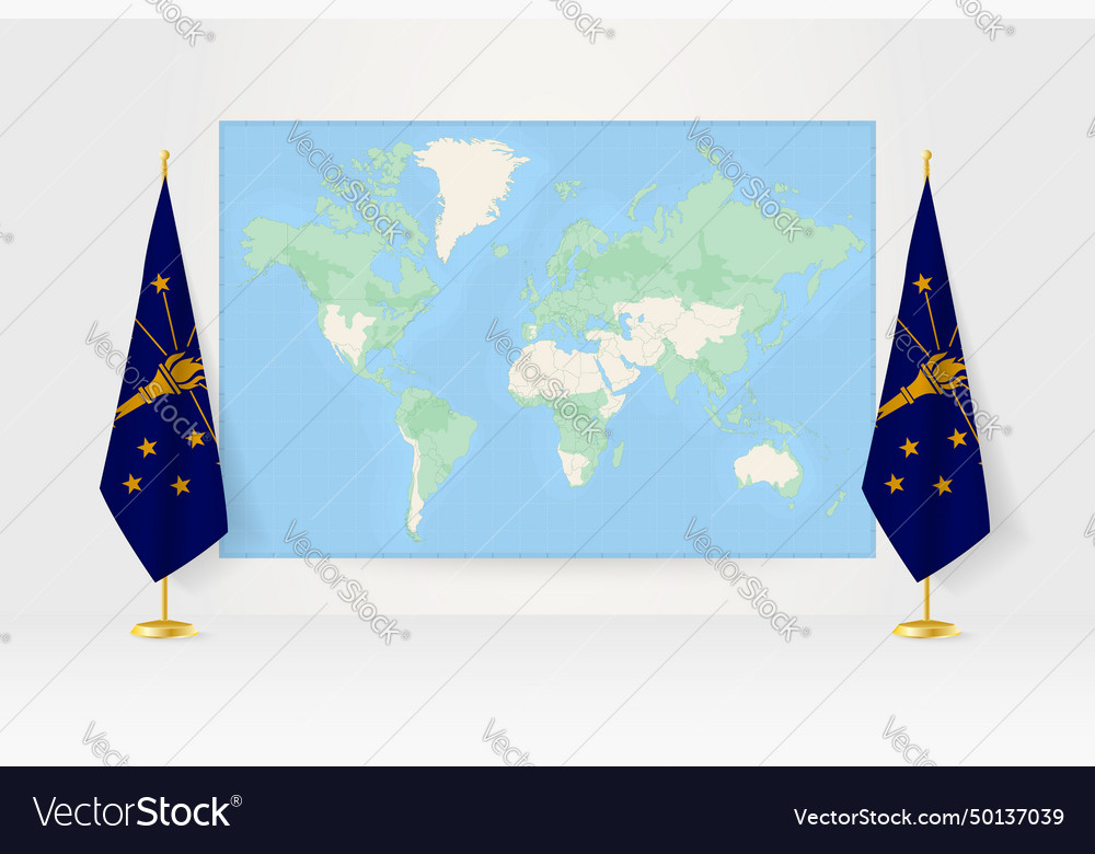 Weltkarte zwischen zwei hängenden Flaggen von indiana