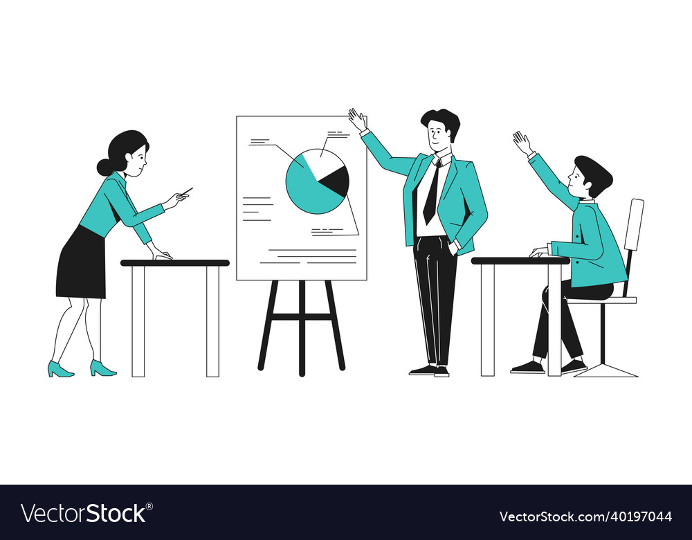 Businessman showing pie chart data analytics vector image Businessman showing pie chart data analytics