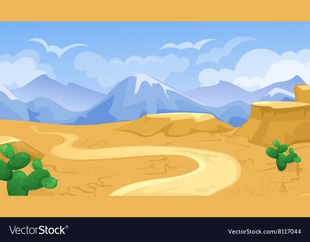 Desert with road and cactuses Royalty Free Vector Image