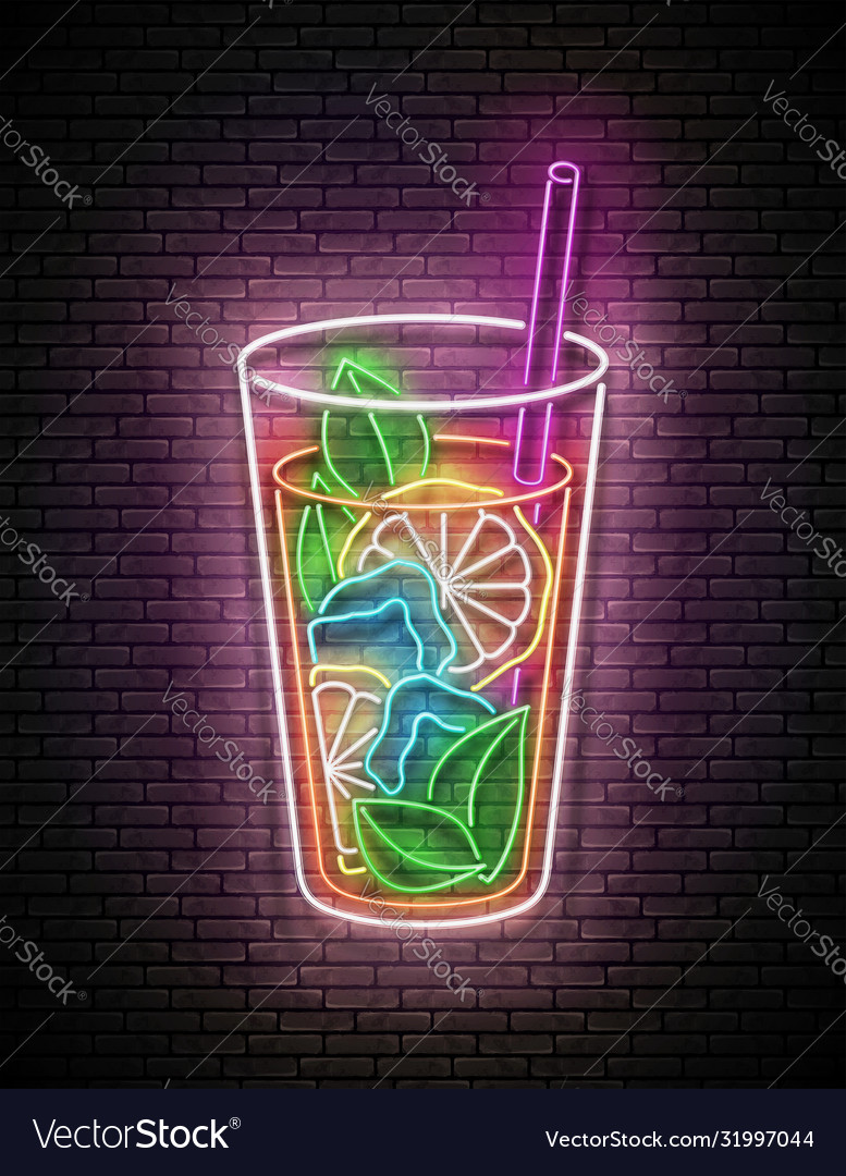 Vintage glow signboard with ice tea in tall glass vector image Vintage glow signboard with ice tea in tall glass