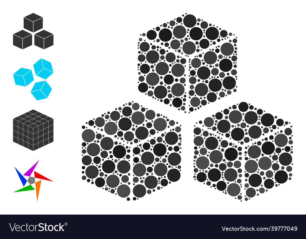 Dotted cubes mosaic of round dots and other icons