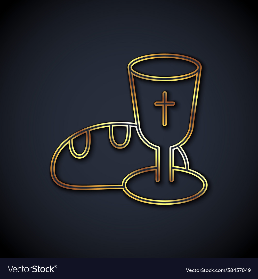 Gold line goblet and bread icon isolated on black