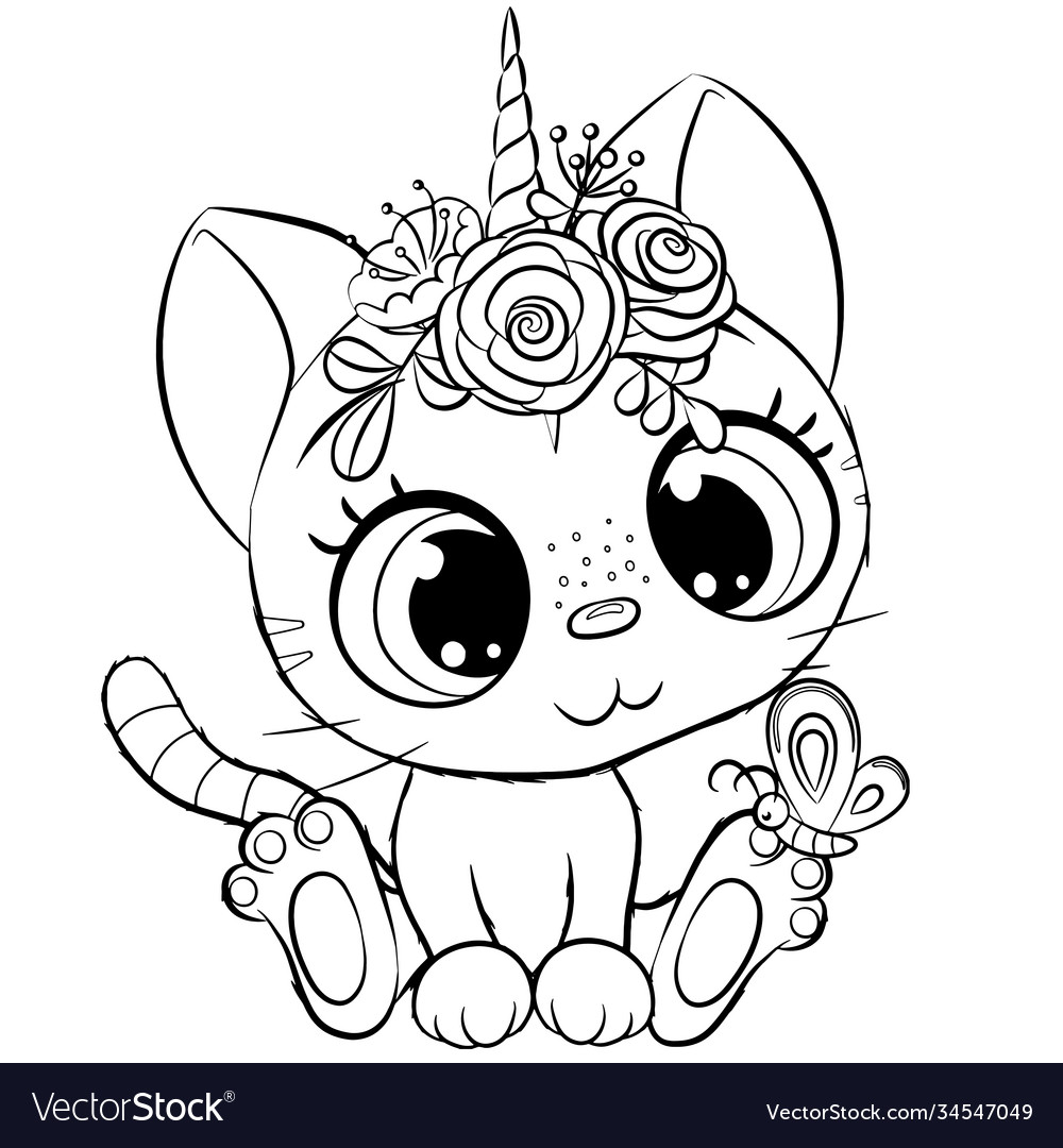 Kitty Unicorn Outlined For Coloring Book Isolated Vector Image
