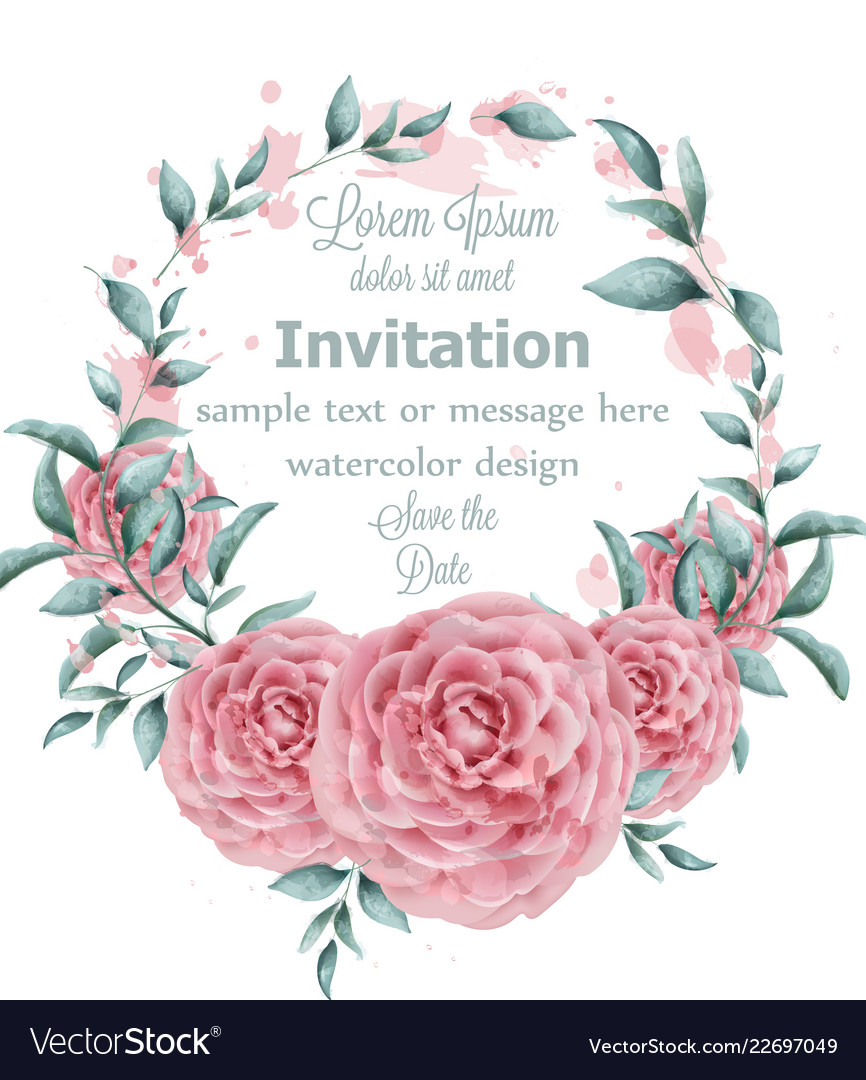 Rose flowers watercolor round frame with green