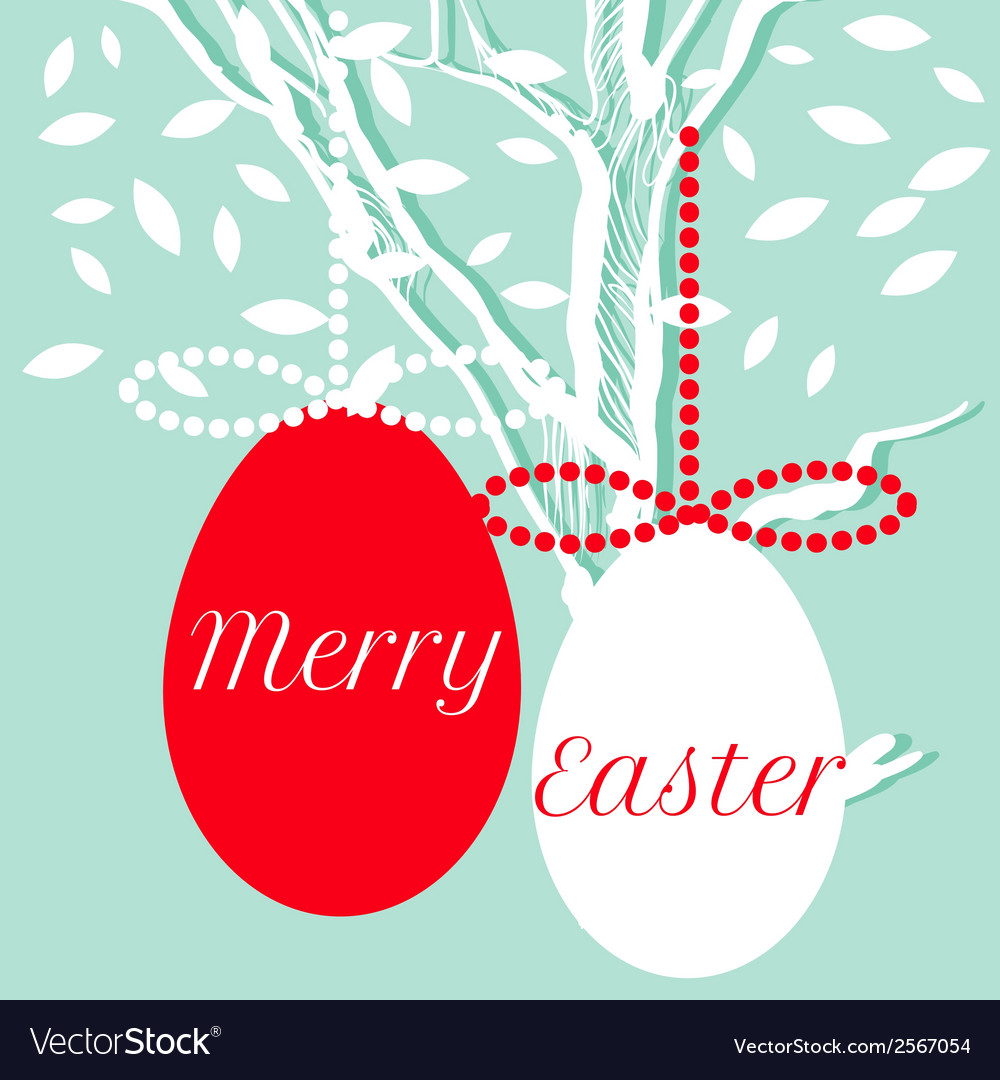 Easter eggs on background with tree and leaves