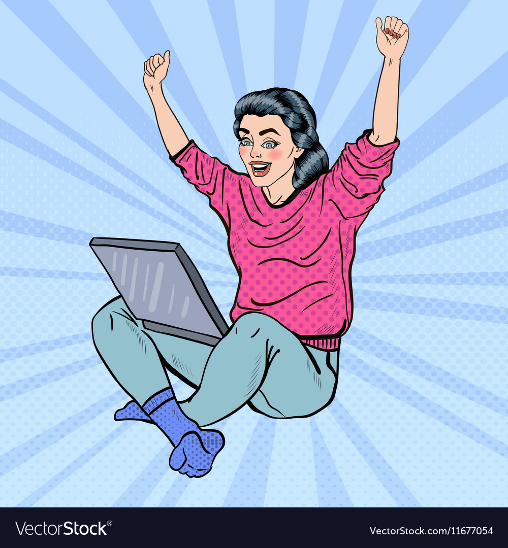 Pop art excited woman with laptop and hands up