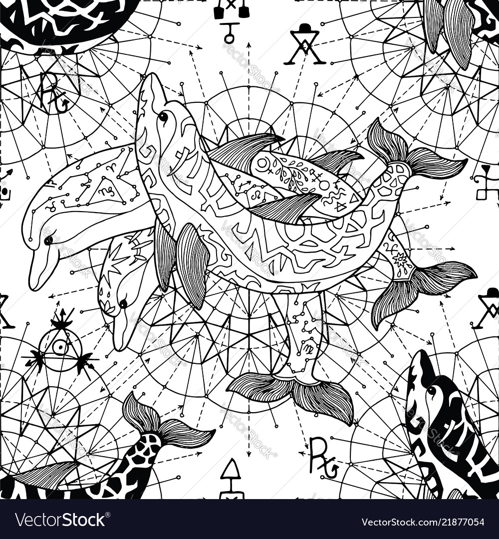 Seamless pattern with three dolphins