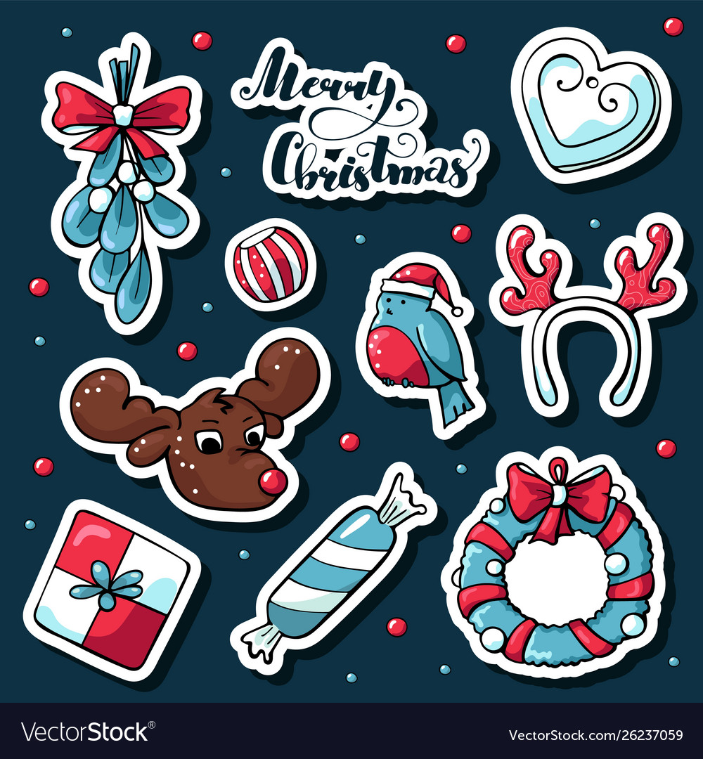 Cute doodle christmas stickers in cartoon style