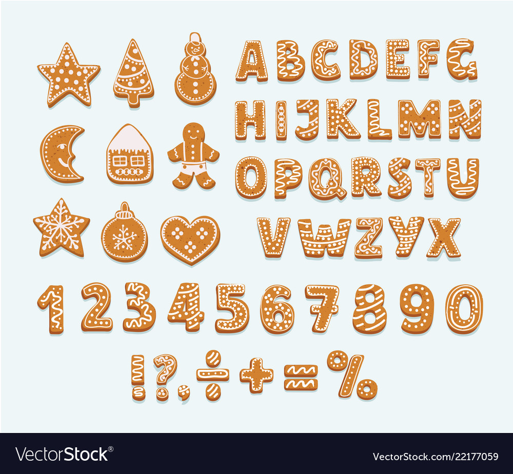 Gingerbread cookies alphabet arabic numbers sign Vector Image