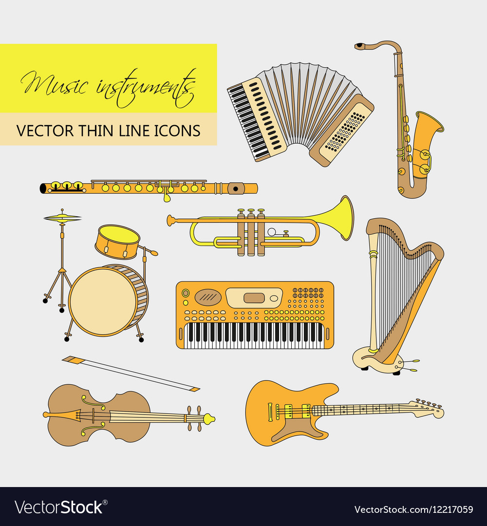 Music instruments thin line icon set for web