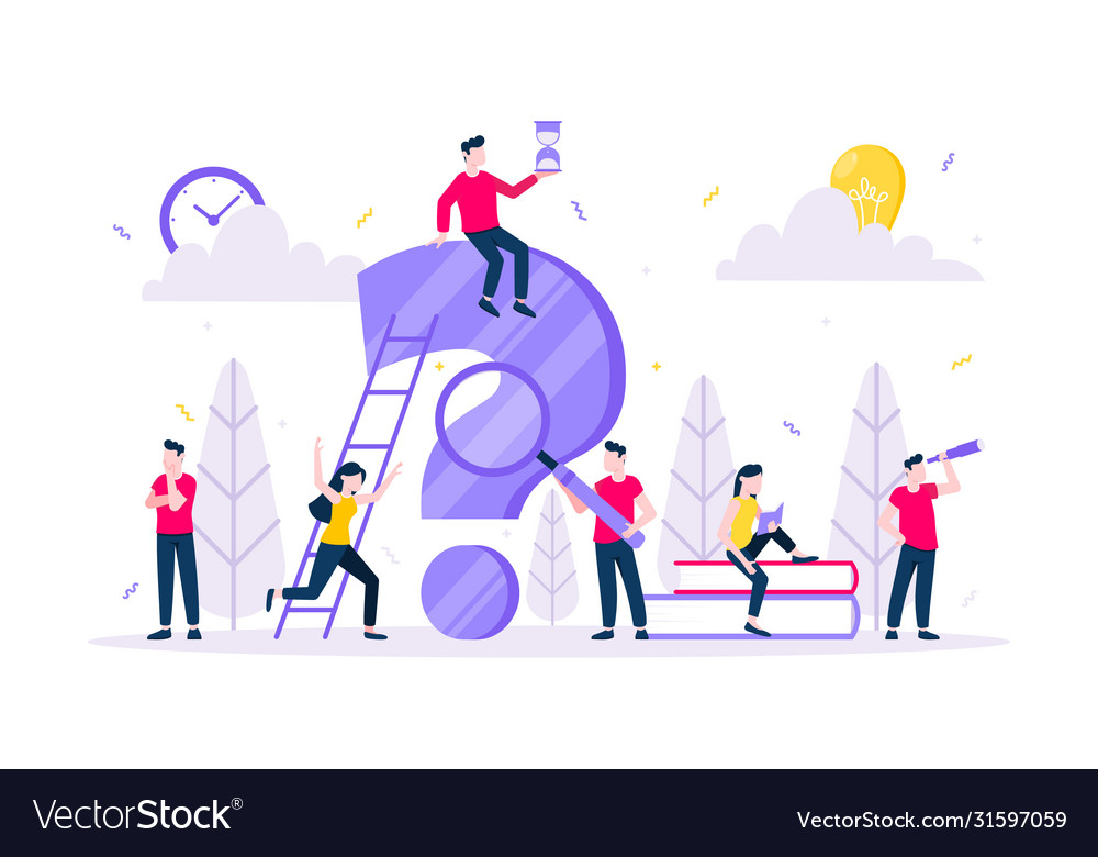 Q and a or faq concept with tiny people character vector image Q and a or faq concept with tiny people character
