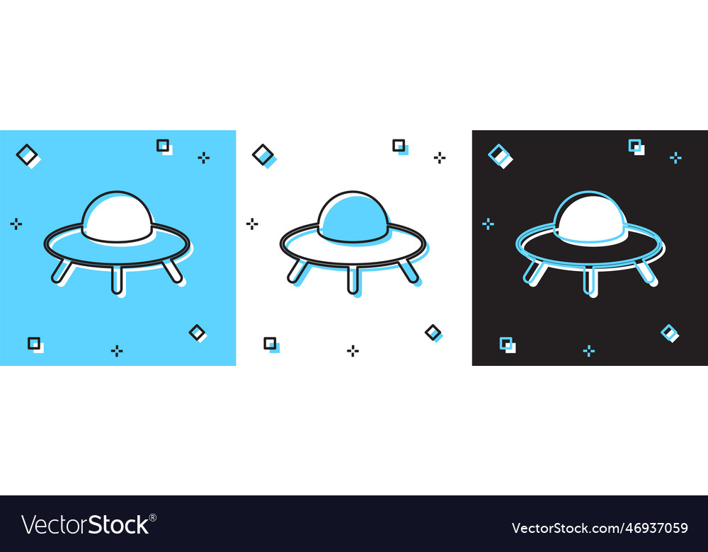 Set ufo flying spaceship icon isolated on blue