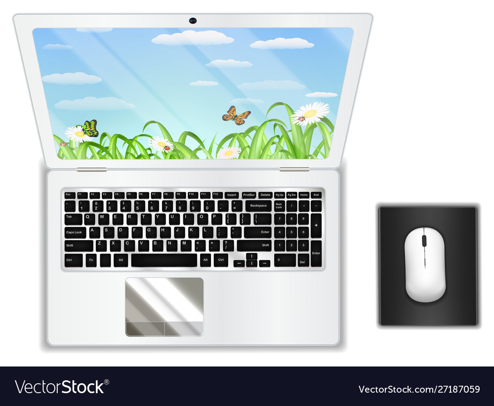 Top view real white laptop computer with mouse