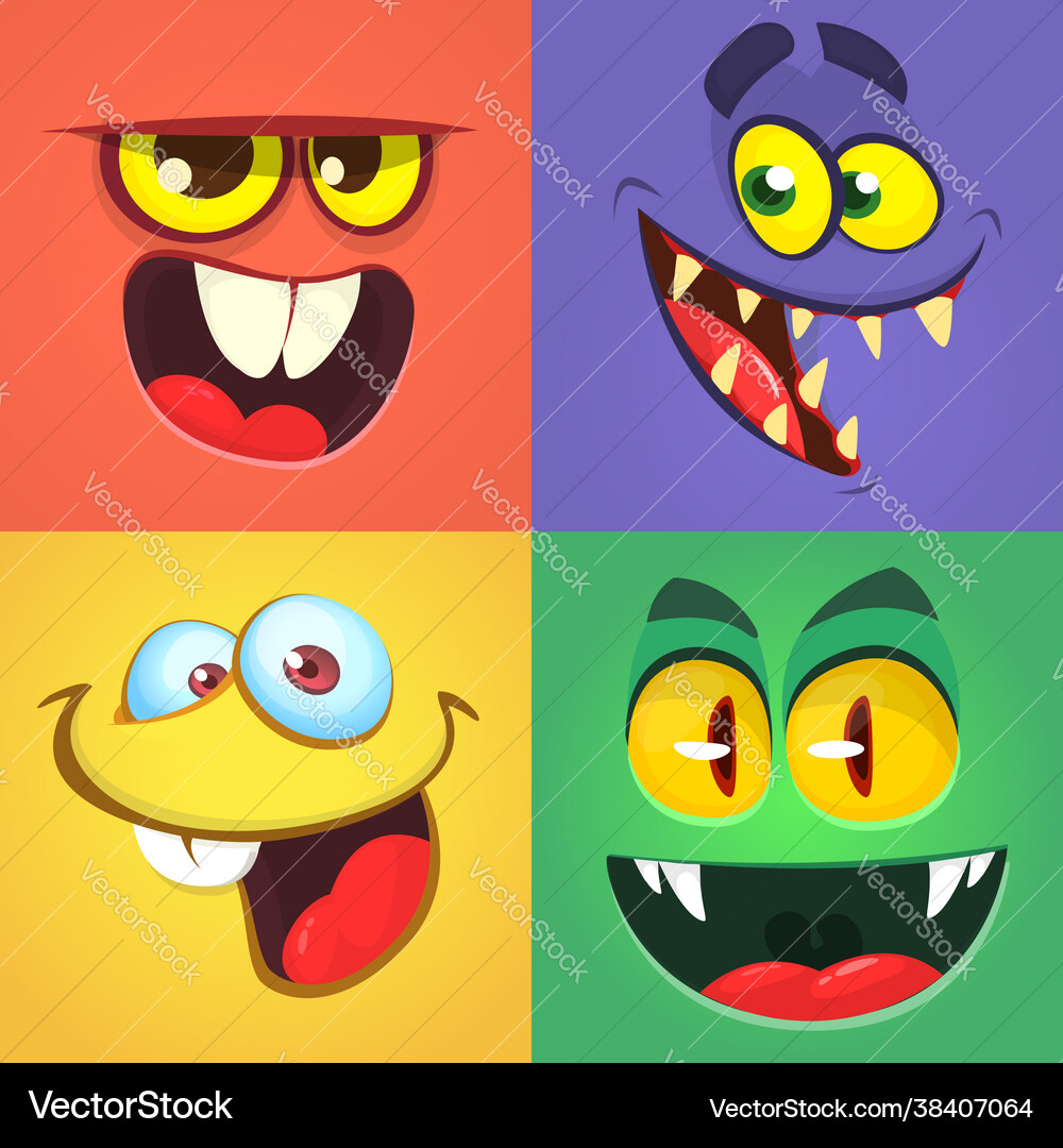 Cartoon monster faces set collection four Vector Image