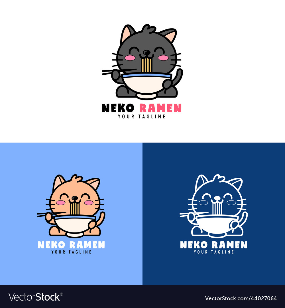 Cute cat is eating ramen noodle logo collection