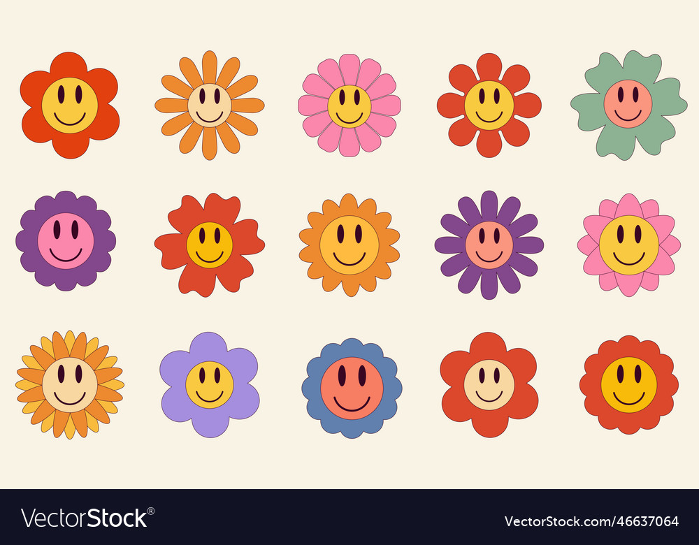 Set of groovy daisy with cartoon smile Royalty Free Vector