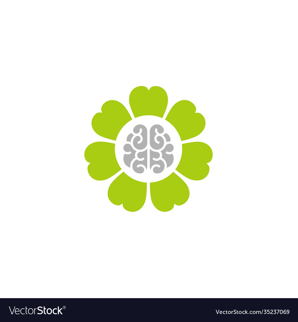 Gray brain inside green flower icon intellect