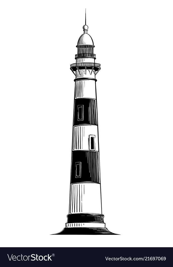 Hand drawn sketch of lighthouse in black isolated vector image Hand drawn sketch of lighthouse in black isolated