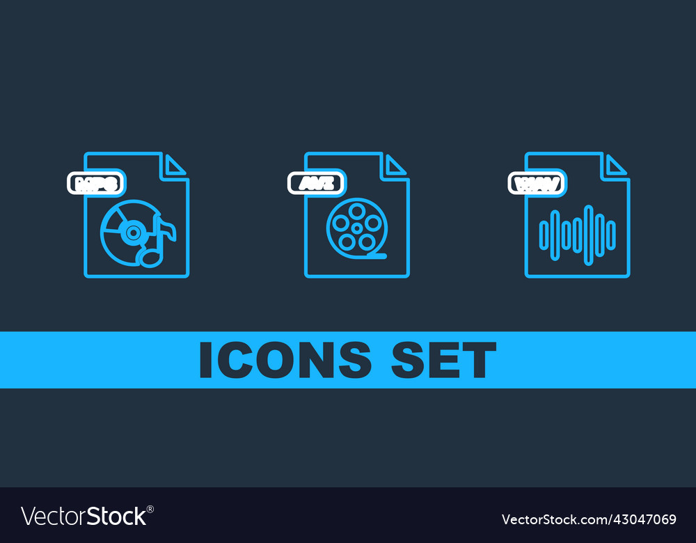 Set line wav file document mp3 and avi icon vector image Set line wav file document mp3 and avi icon