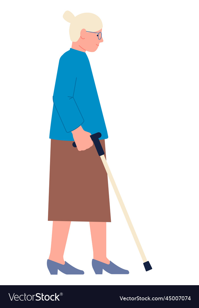 Aged woman walking with cane smiling senior