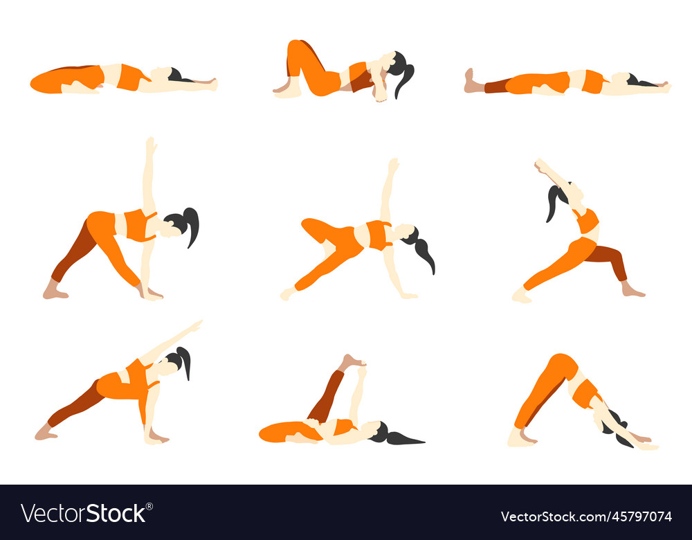 Asian female yoga poses set in cartoon flat style Vector Image