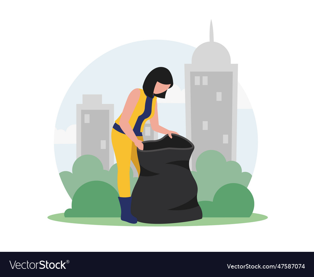 Female character collecting trash and rubbish