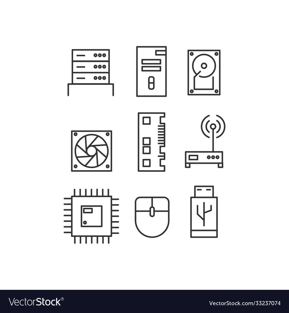Set computer component icons outline isolated