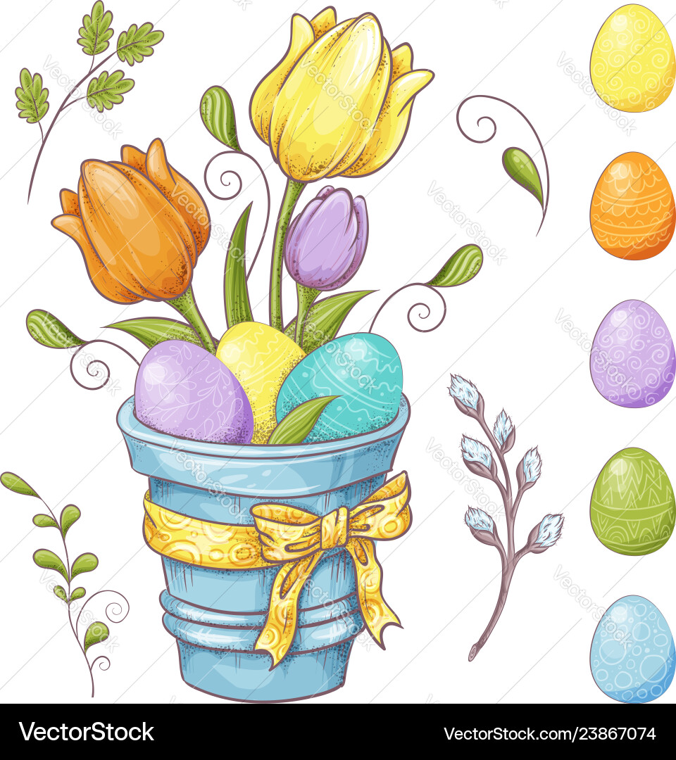 Set easter design elements eggs tulips Royalty Free Vector