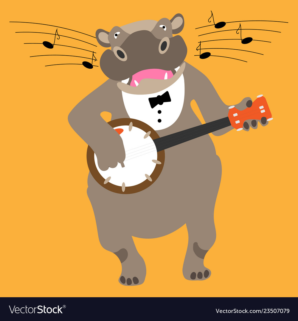 Singing hippo with banjo fine for a greeting card