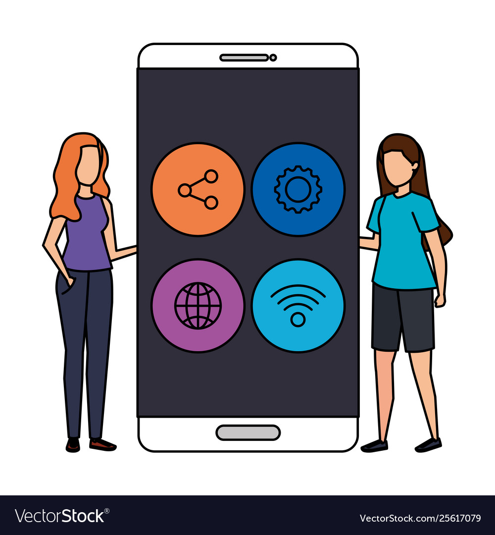 Young women with smartphone and social media menu vector image Young women with smartphone and social media menu