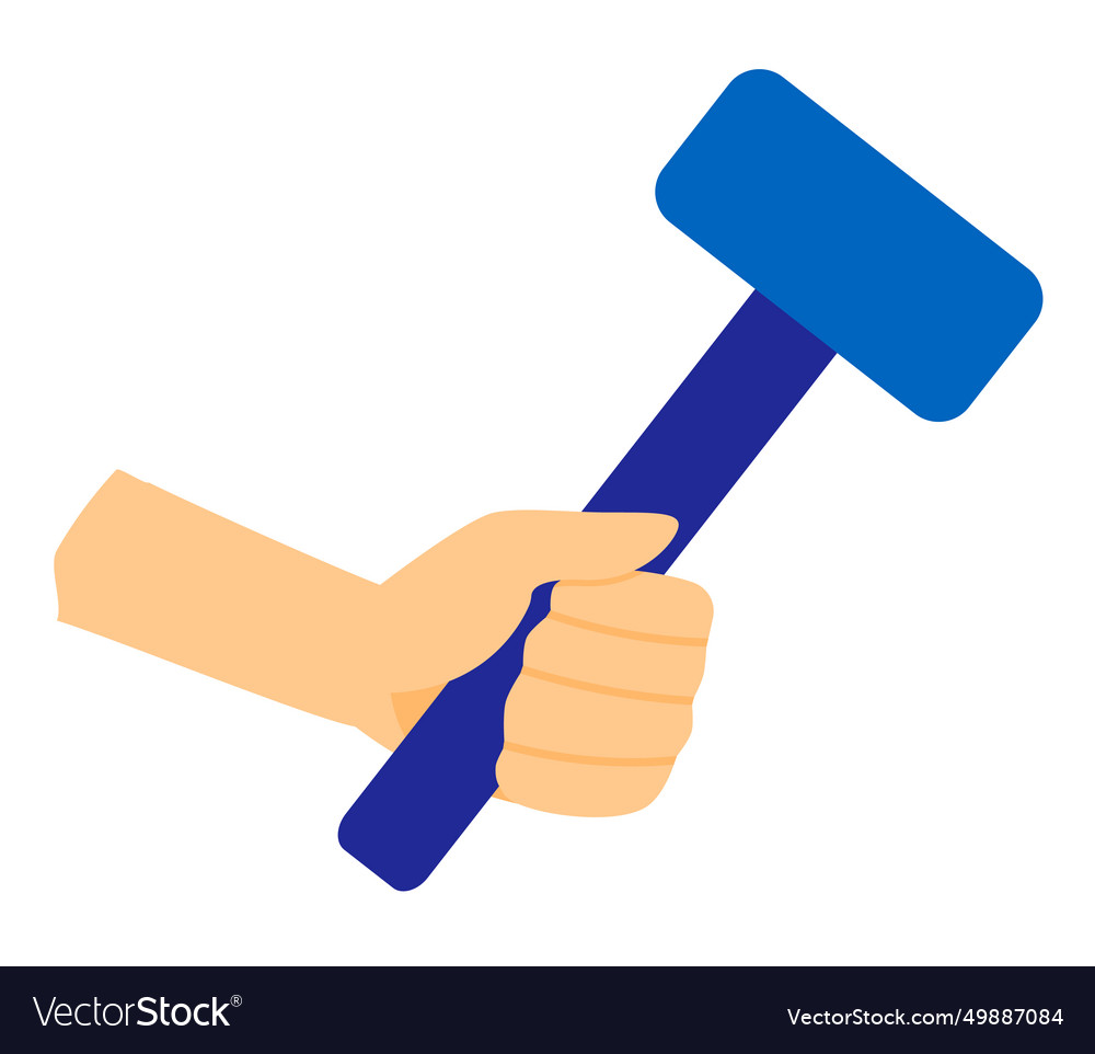 Cartoon hand holding a blue hammer isolated