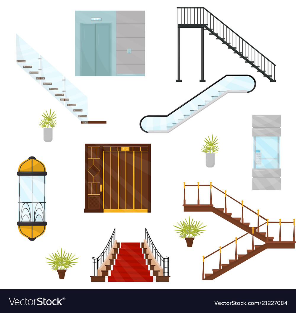Flat set of different elevators and stairs vector image Flat set of different elevators and stairs