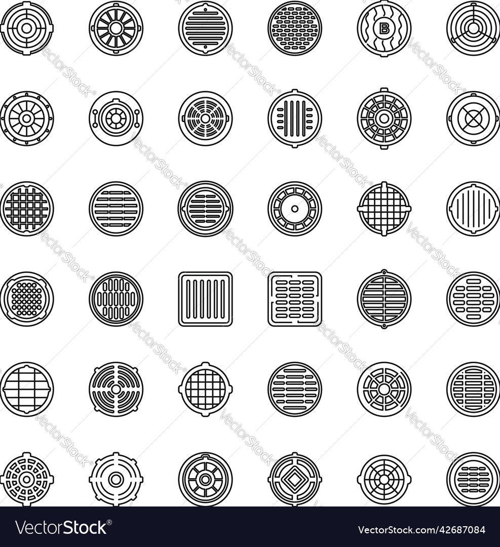 Manhole icons set outline canalization cap Vector Image