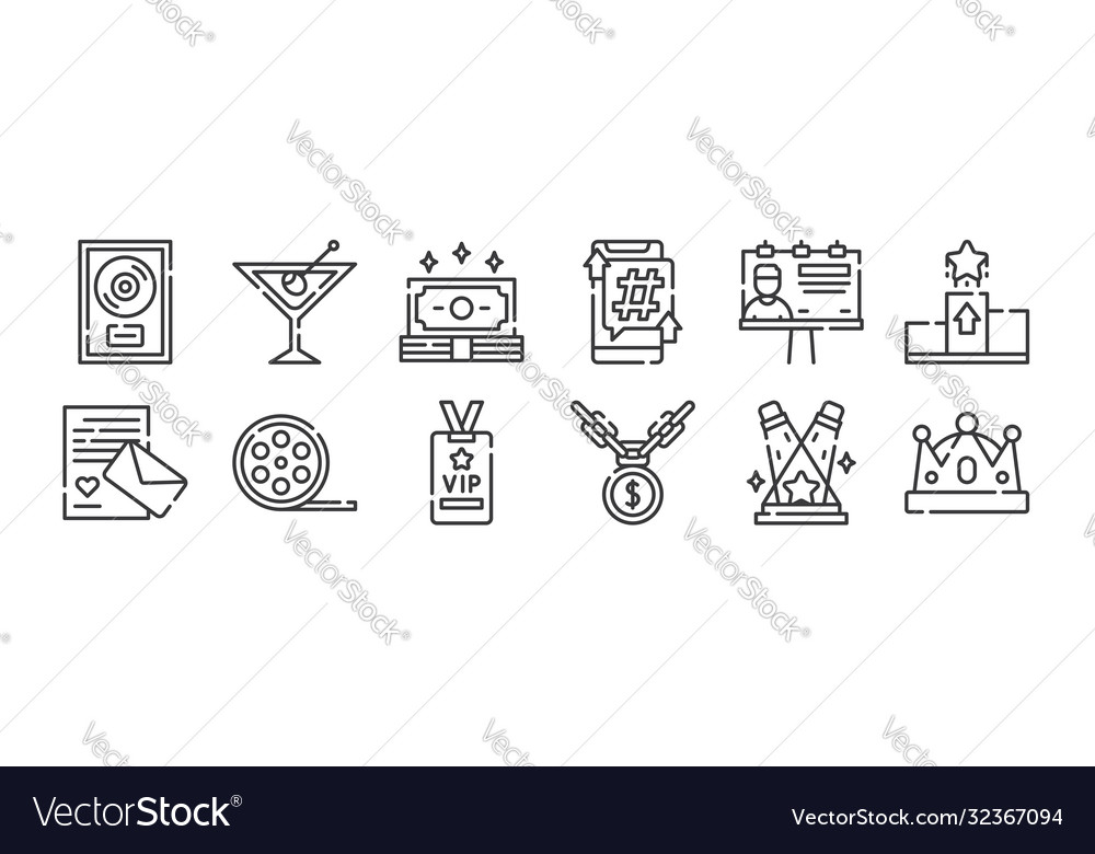 12 set linear fame icons thin outline