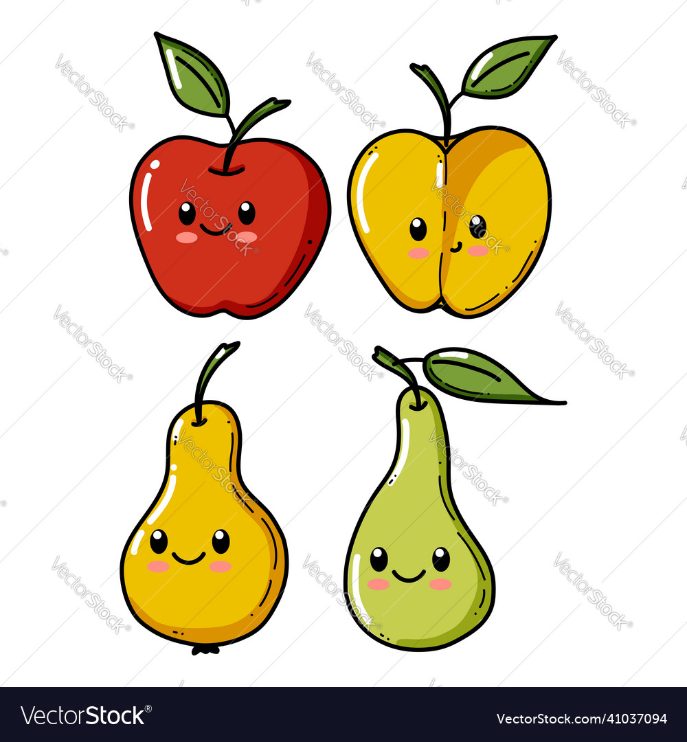 Apple and pear characters set with funny face vector image Apple and pear characters set with funny face