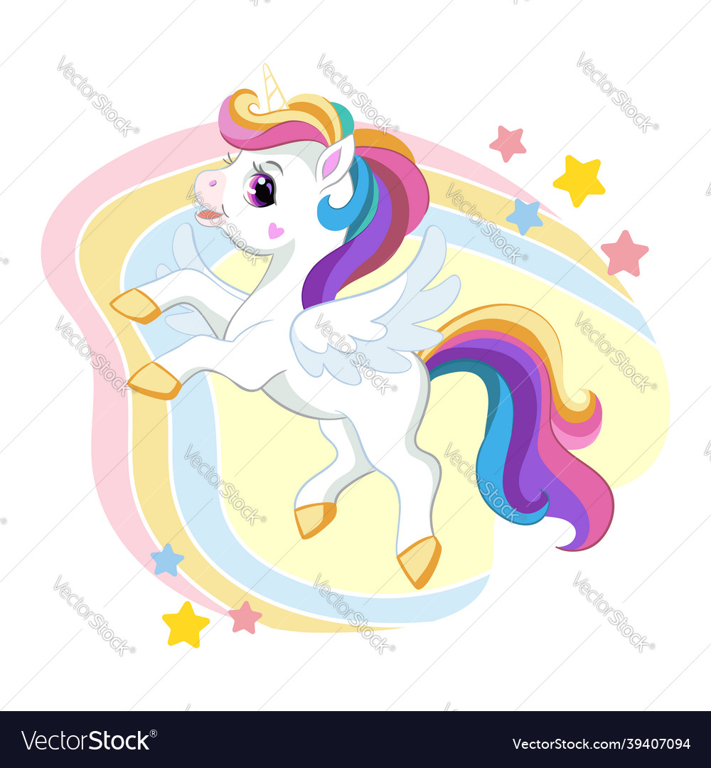 Cute cartoon unicorn with long mane and wings Vector Image