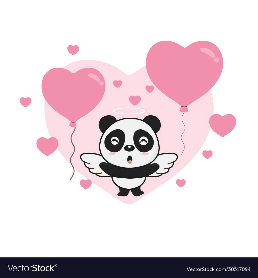 Cute panda angel with heart balloons