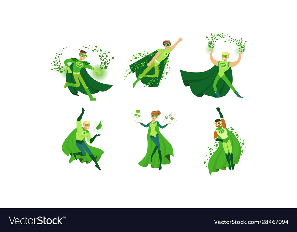 Young people in green eco superheroes costumes Vector Image Young people in green eco superheroes costumes Vector Image