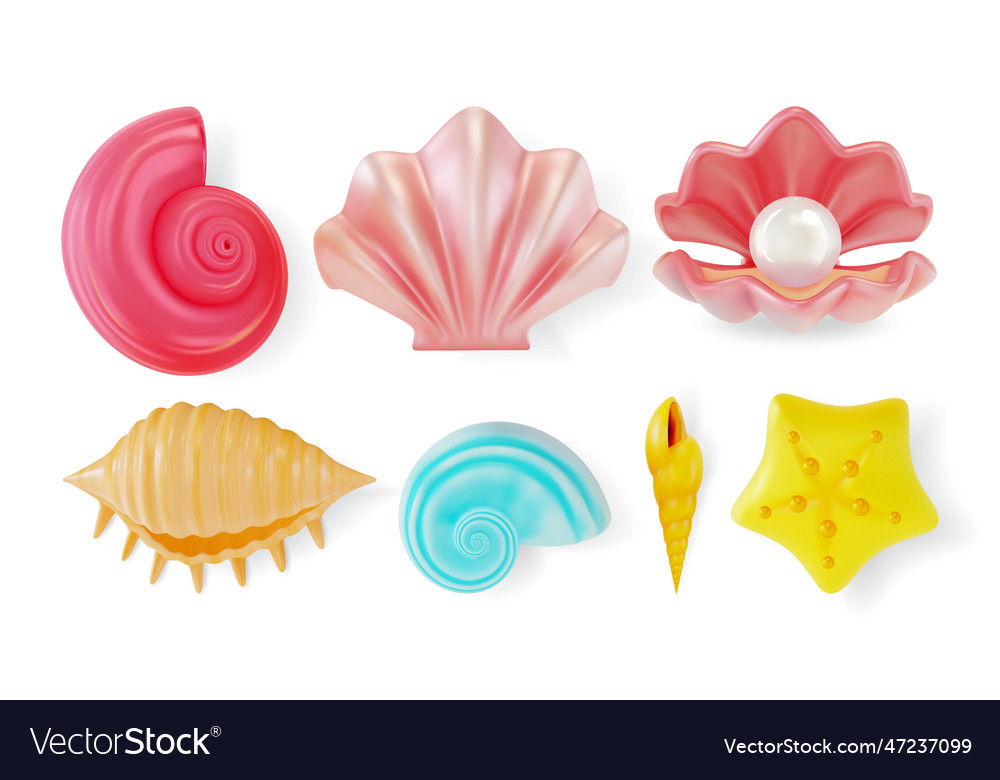 3d color mollusk seashells different forms set vector image 3d color mollusk seashells different forms set
