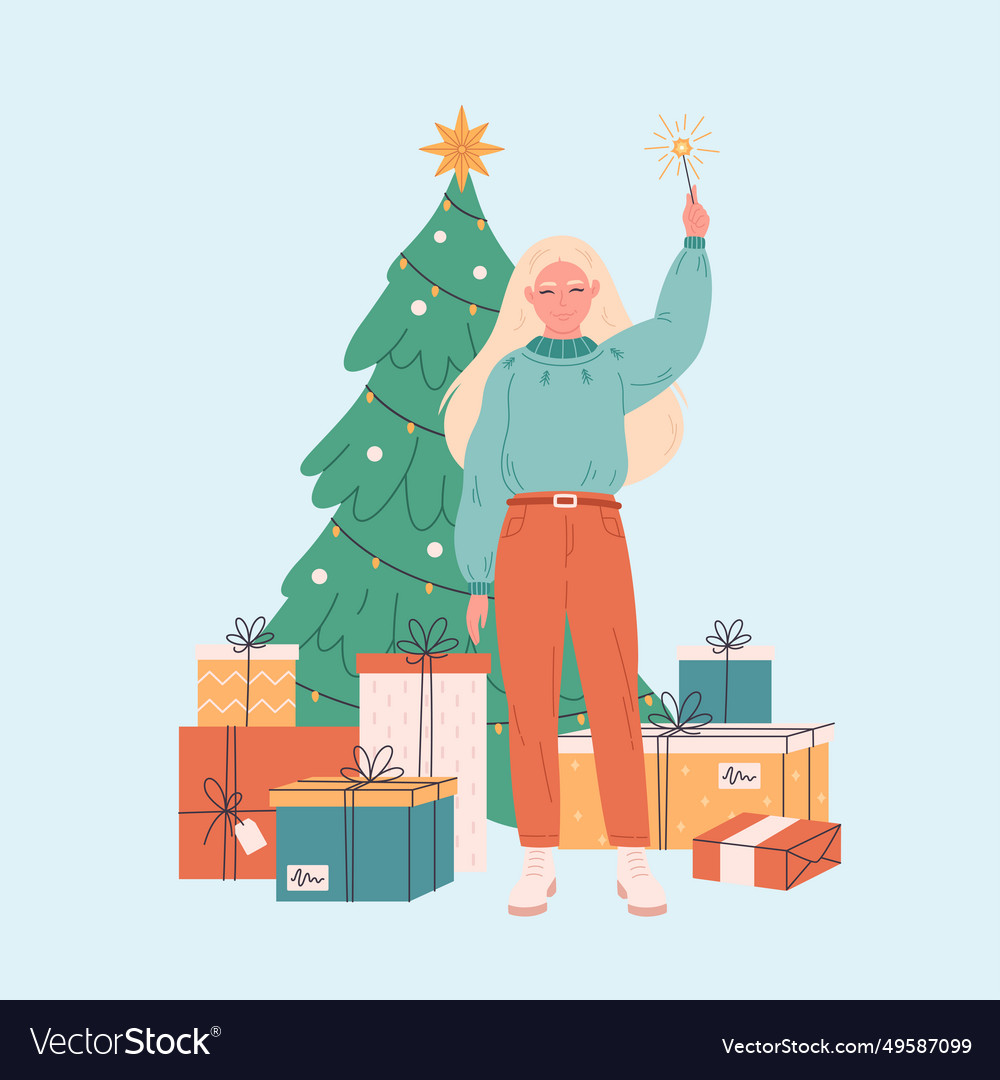 Woman standing near christmas tree with presents Vector Image