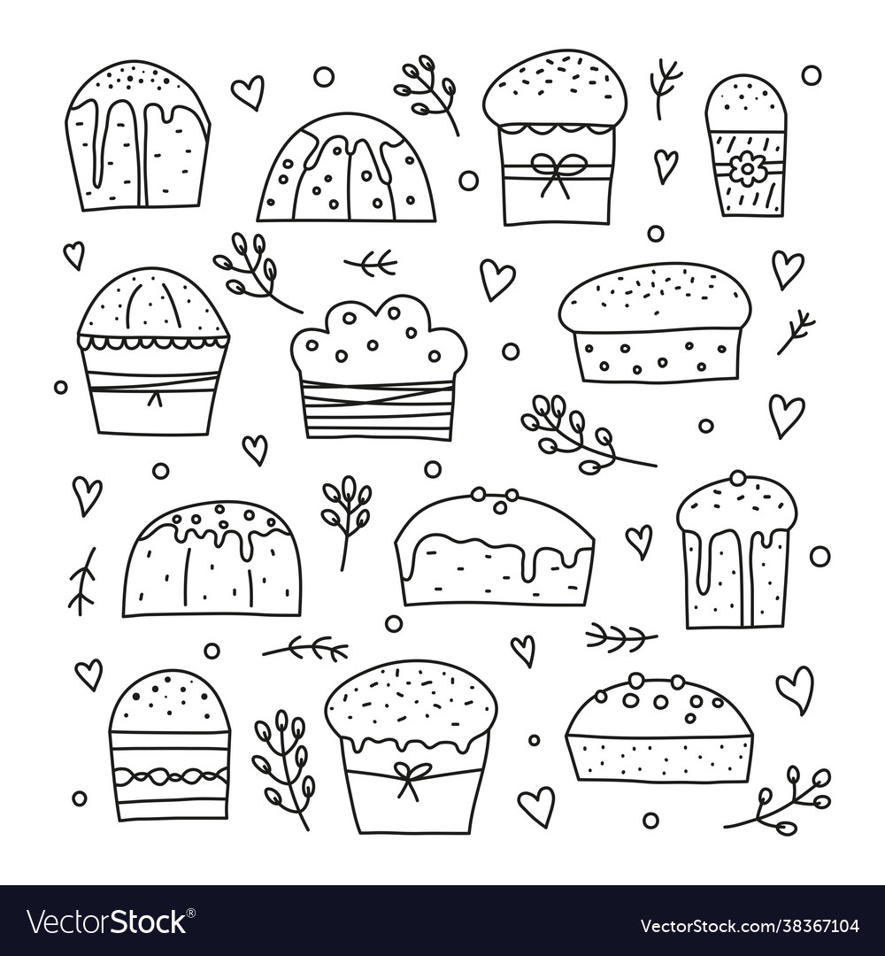 Set doodle easter kulich cakes