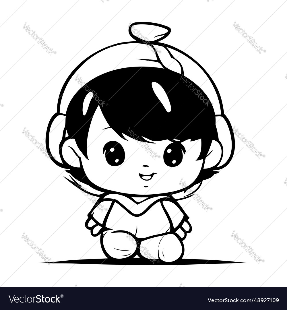 Cute cartoon girl with headphones black and white