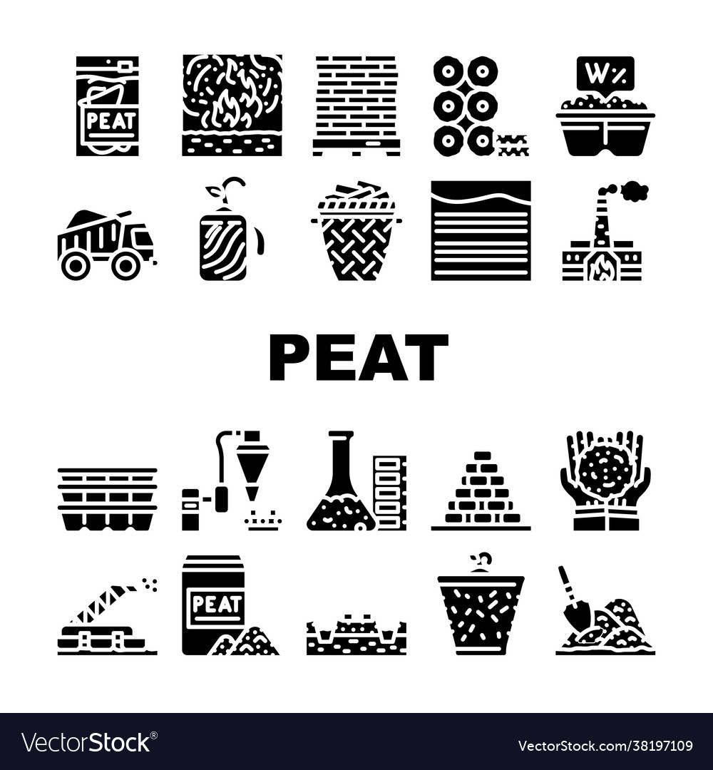 Peat fuel production collection icons set Vector Image