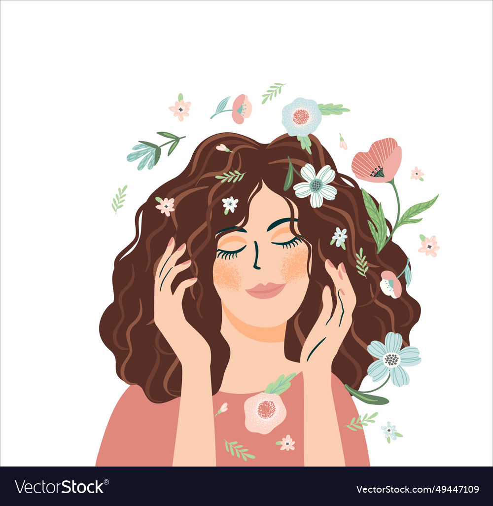 Portrait of cute girl with flowers self care vector image Portrait of cute girl with flowers self care