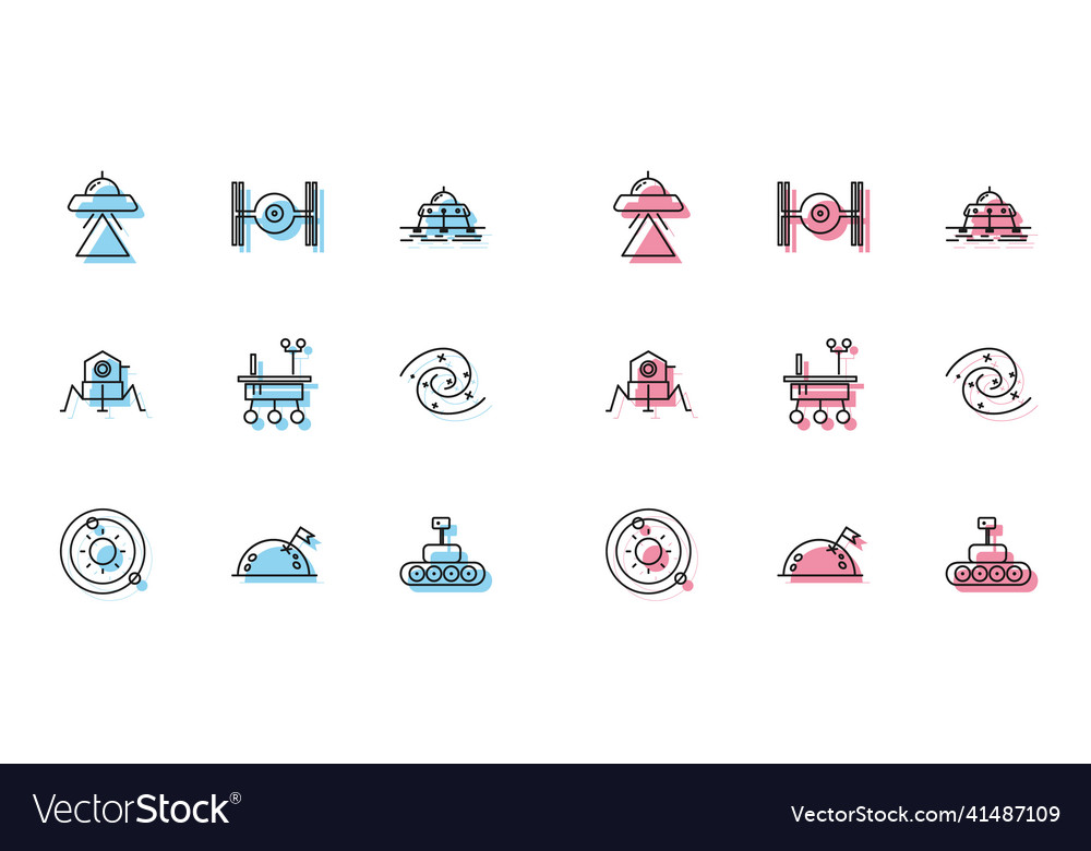 Set line solar system planet with flag ufo