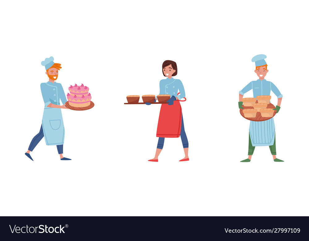 Smiling baker characters baking bread and making