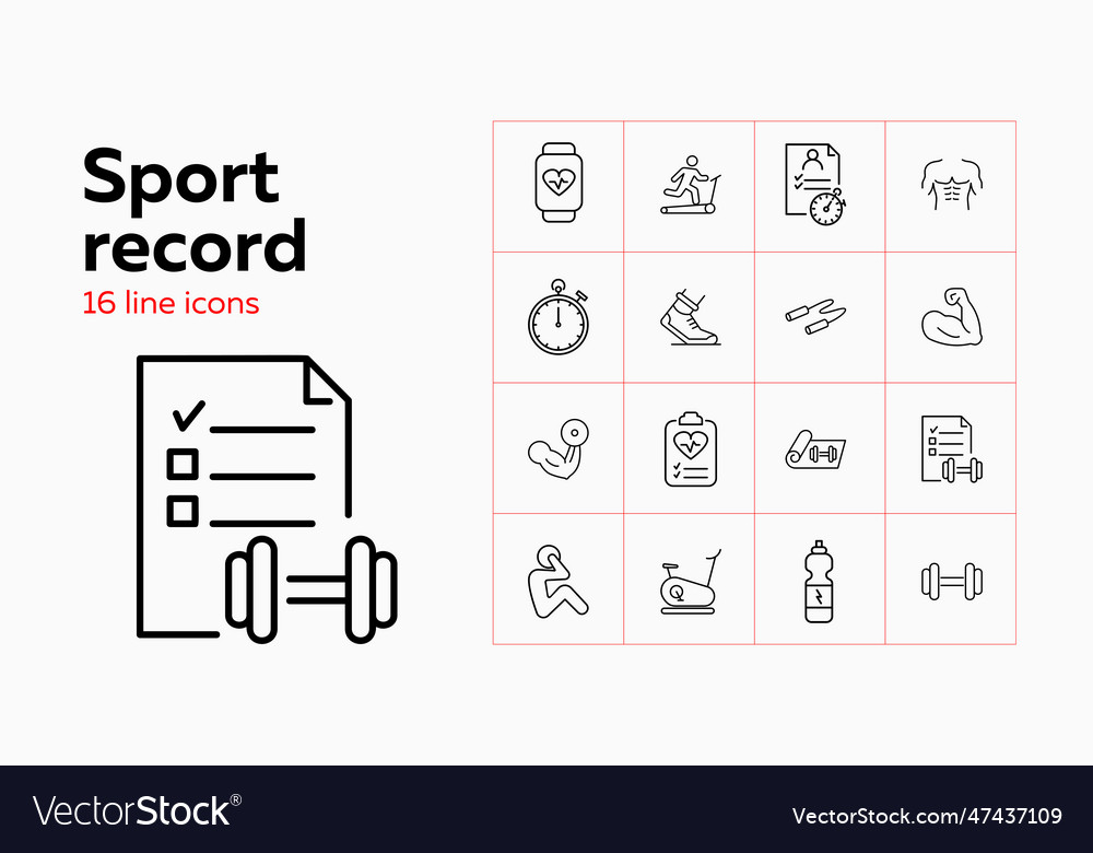 Sport record icons set of line