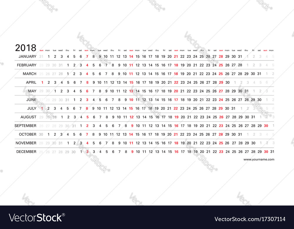 2018 Calendar - Horizontal Linear Style